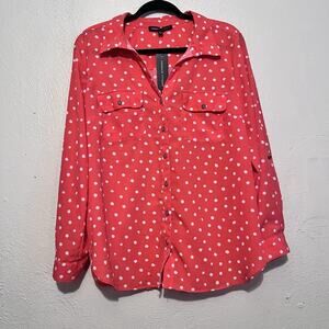 NWT Adrienne Vittadini Pink Polkadot Long Sleeve Button Down Woman Blouse Size L